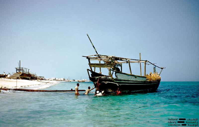 A dhow after relaunch on the beach in Abu Dhabi. Photo: Dr Alan Horan © UAE National Library and Archives