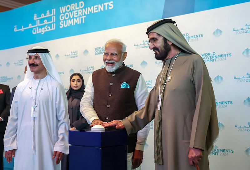 Sheikh Mohammed bin Rashid, Vice President and Ruler of Dubai, and India's Prime Minister Narendra Modi during the announcement of Bharat Mart. AFP