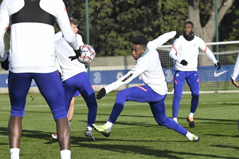COBHAM, ENGLAND - DECEMBER 01:  Timo Werner and Callum Hudson-Odoi of Chelsea during a training session at Chelsea Training Ground on December 1, 2020 in Cobham, United Kingdom. (Photo by Darren Walsh/Chelsea FC via Getty Images)