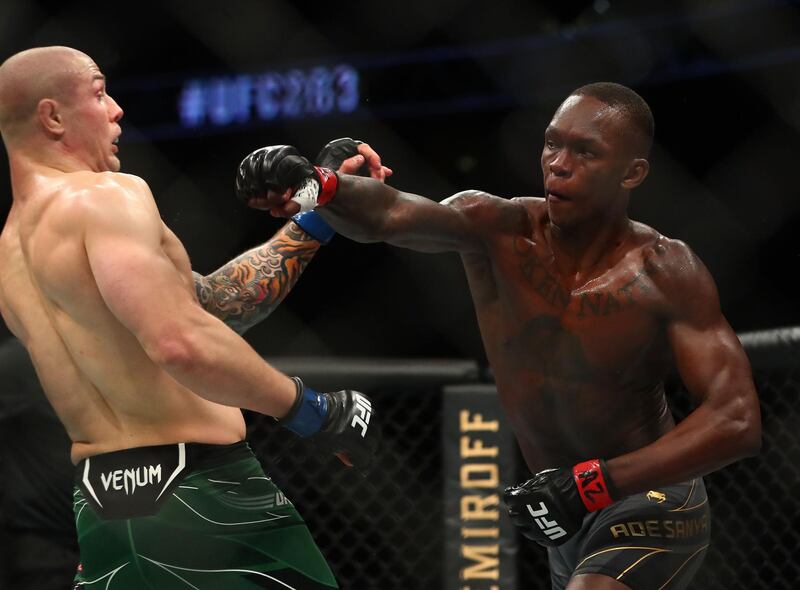 Israel Adesanya moves in for a hit against Marvin Vettori during UFC 263 middleweight title fight at Gila River Arena, Glendale Arizona. All photos by Reuters unless stated