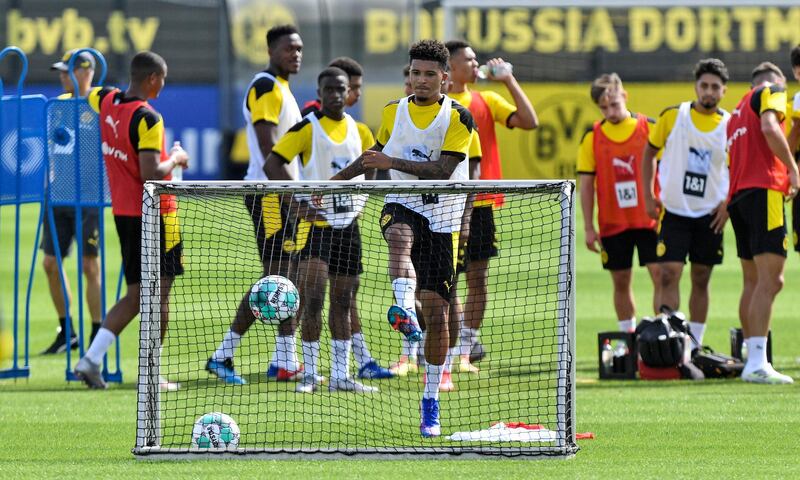 Jadon Sancho attends a training session with Borussia Dortmund at the team training grounds in Dortmund. AP Photo