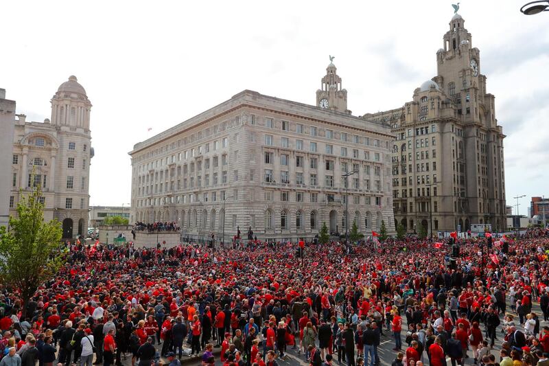 Crowds of Liverpool fans outside the Liver Building. PA Wire