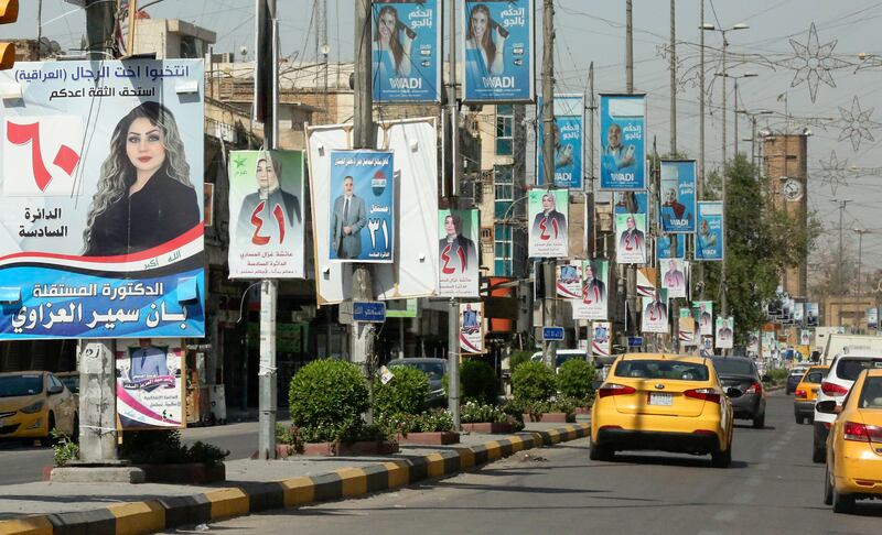 Candidate billboards and placards in Baghdad for the Iraqi parliamentary elections. Almost 25 million Iraqis are on the electoral roll for the October 10 poll to pick 329 MPs. Photo: AFP
