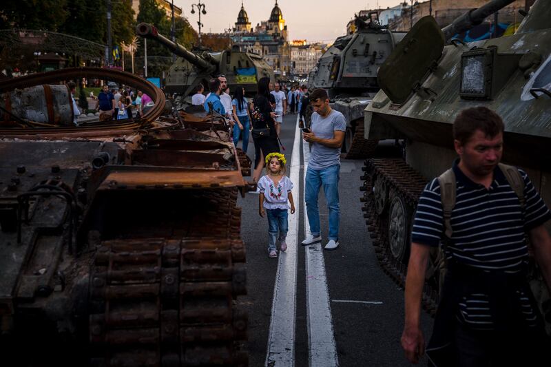 Destroyed Russian military equipment on Khreshchatyk street in Kyiv. The materiel was turned into an open-air military museum ahead of Ukraine's Independence Day on August 24. AFP