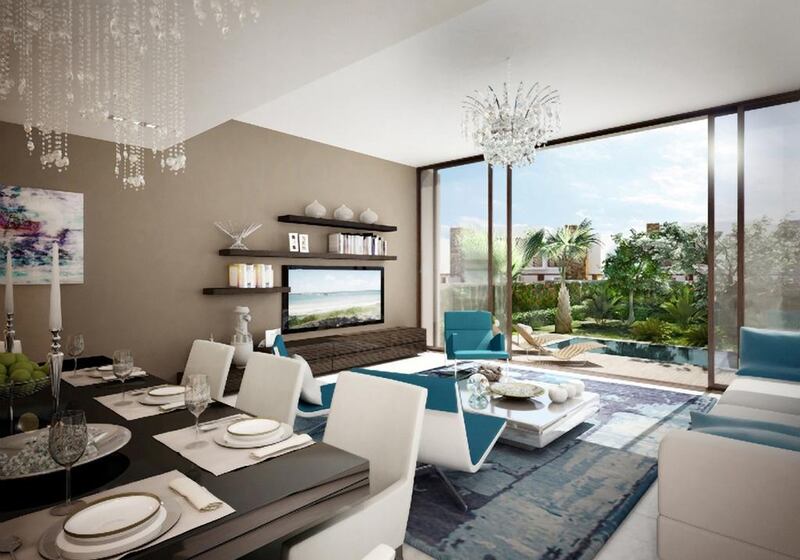A rendering of a living and dining room in a townhouse in Akoya. Courtesy Damac