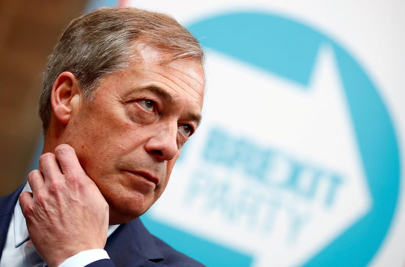 FILE PHOTO: Nigel Farage attends the launch of the newly created 'Brexit Party' campaign for the European elections, in Coventry, Britain April 12, 2019. REUTERS/Eddie Keogh/File Photo