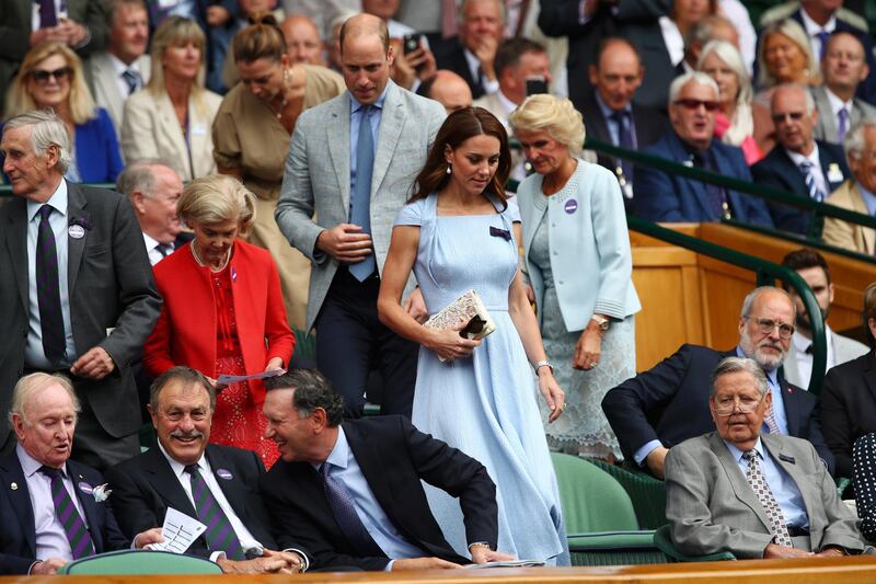 Catherine, Duchess of Cambridge and Prince William, Duke of Cambridge take their seats in the Royal Box prior to the Men's Singles final between Novak Djokovic of Serbia and Roger Federer of Switzerland during Day thirteen of The Championships - Wimbledon 2019 at All England Lawn Tennis and Croquet Club on July 14, 2019 in London, England. (Photo by Clive Brunskill/Getty Images)