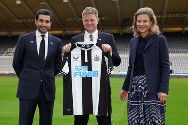 Club director Amanda Staveley and husband Mehrdad Ghodoussi (left) with newly appointed Newcastle United manager Eddie Howe after a press conference at St. James' Park, Newcastle upon Tyne. Picture date: Wednesday November 10, 2021.