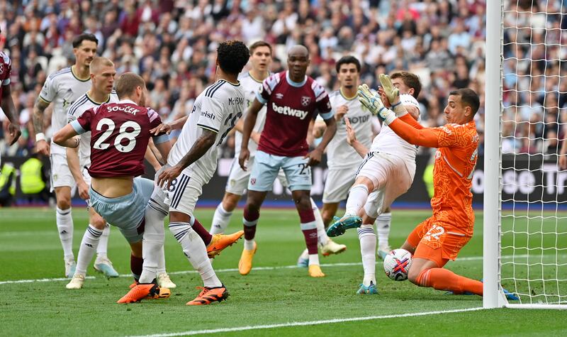West Ham's Tomas Soucek has a shot saved by Leeds United keeper Joel Robles. Reuters