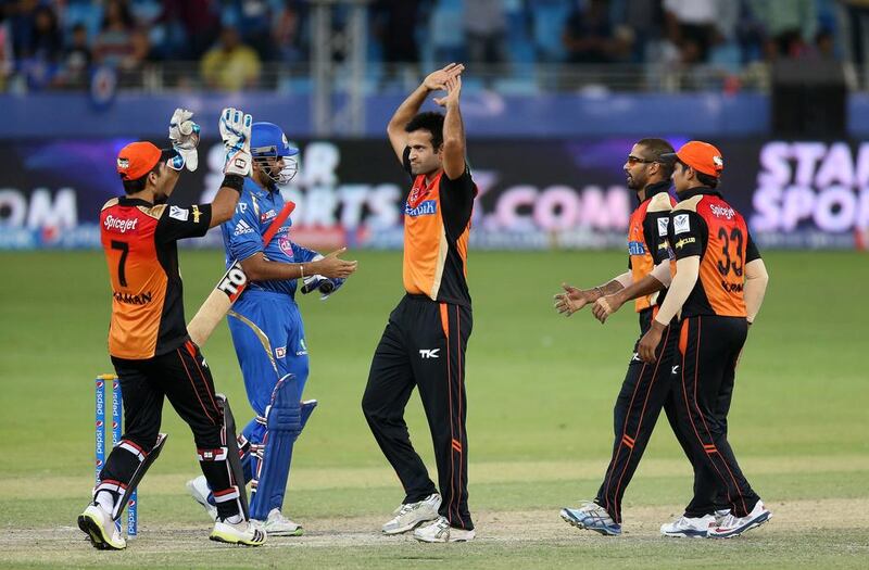 Sunrisers Hyderbad players celebrating after winning the match against Mumbai Indians at Dubai International Cricket Stadium in Dubai on Wednesday. Pawan Singh / The National / April 30, 2014