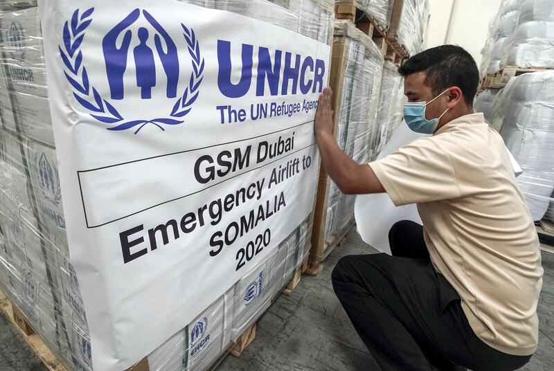 Dubai, United Arab Emirates, May 12, 2020.   Somalia floods relief aid being shipped from UNHCR and WHO headquarters in UAE.
Victor Besa / The National
Section:  NA
Reporter:  Sarwat Nasir