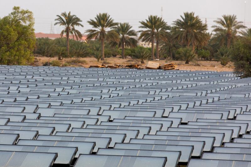 Hydropanels, produced by Zero Mass Water Inc., stand at the planned site of the IBV drinking water plant in Lehbab, Dubai, United Arab Emirates, on Wednesday, July 8, 2020. Zero Mass Water Inc., an Arizona-based water technology company, thinks the lack of rivers or even seawater isn’t a problem because it has technology that can extract moisture from the atmosphere using energy from the sun. Photographer: Christopher Pike/Bloomberg