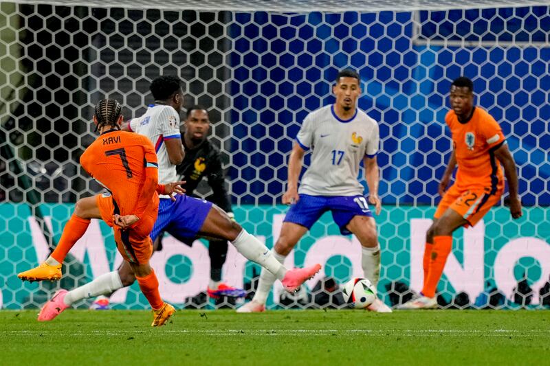 Xavi Simons of the Netherlands thinks he has scored but the effort was disallowed. AP