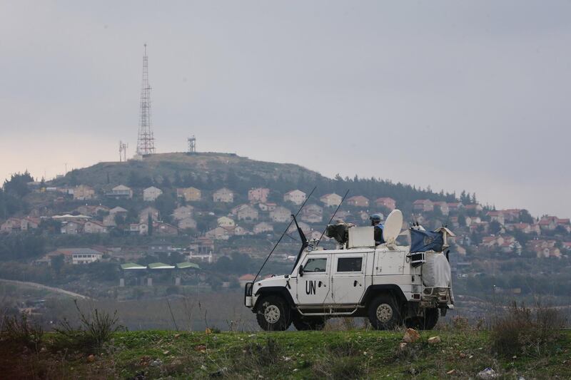 A UN peacekeepers' vehicle is stationed at the southern village of Khiam, Lebanon.