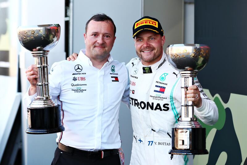 SUZUKA, JAPAN - OCTOBER 13: Race winner Valtteri Bottas of Finland and Mercedes GP celebrates on the podium during the F1 Grand Prix of Japan at Suzuka Circuit on October 13, 2019 in Suzuka, Japan. (Photo by Mark Thompson/Getty Images)