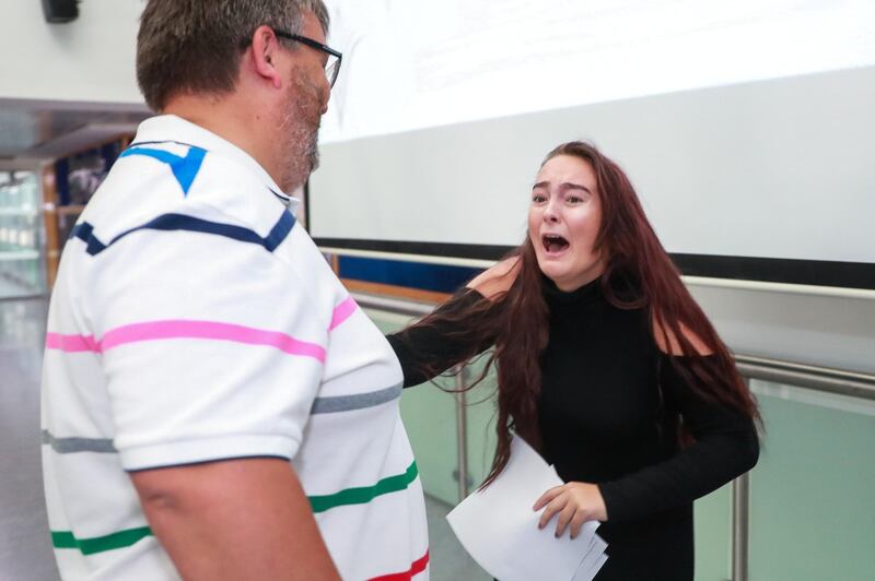 Dubai, U.A.E., August 23 , 2018.  GCSE results coverage at the Dubai British School.  Kate Leith- 17, tears of joy after getting her test scores.
Victor Besa/The National
Section:  NA
Reporter:  Nick Webster