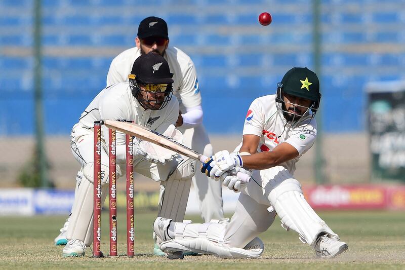 Pakistan's Saud Shakeel scored a century during the third day of the second Test against New Zealand at the National Stadium in Karachi on Wednesday, January 4, 2023. AFP