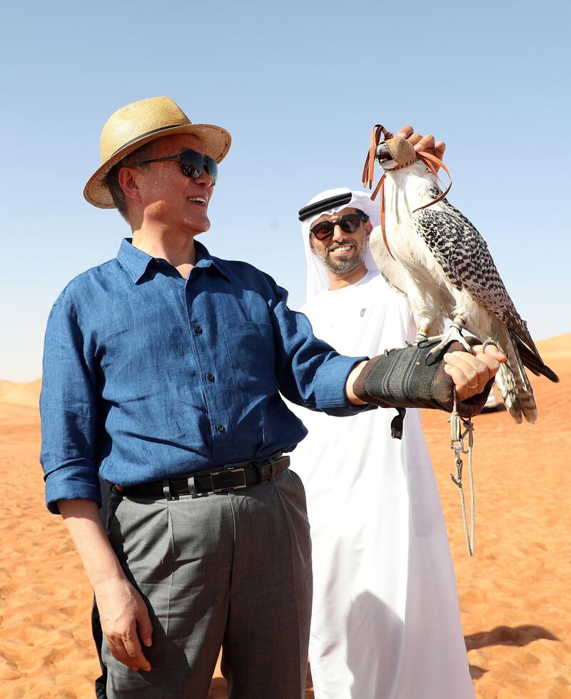 A falcon perches on the arm of South Korean President Moon Jae-in during his visit to a desert near Abu Dhabi.. EPA / Yonhap