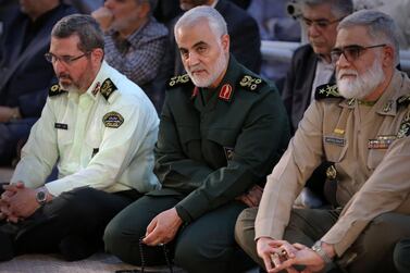 Iranian general Qassem Suleimani, centre, was killed in a US drone strike on January 3, 2020, leading to greater tensions between Iraq's government and pro-Iran Iraqi militias. AFP / KHAMENEI.IR