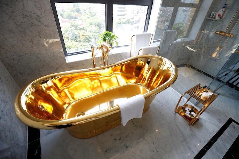 A gold-plated bathtub is seen at Dolce Hanoi Golden Lake luxury hotel. Reuters
