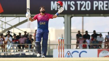 Captain of UAE Muhammad Waseem celebrates a century in the Final of ACC Men's Premier Cup 2024 between Oman and the United Arab Emirates (UAE) in Oman Cricket Stadium in Al Amerat, Muscat, Oman on 21st April 2024. Photo: Subas Humagain for The National