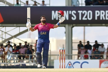 Captain of UAE Muhammad Waseem celebrates a century in the Final of ACC Men's Premier Cup 2024 between Oman and the United Arab Emirates (UAE) in Oman Cricket Stadium in Al Amerat, Muscat, Oman on 21st April 2024. Photo: Subas Humagain for The National