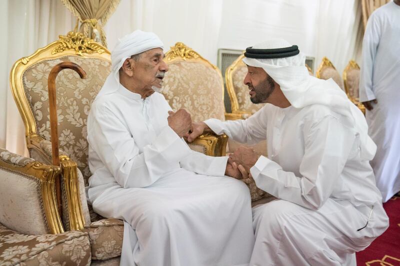 DIBBA, FUJAIRAH, UNITED ARAB EMIRATES - September 16, 2019: HH Sheikh Mohamed bin Zayed Al Nahyan, Crown Prince of Abu Dhabi and Deputy Supreme Commander of the UAE Armed Forces (R), offers condolences to the family of martyr Warrant Officer Ali Abdullah Ahmed Al Dhanhani.

( Hamad Al Kaabi / Ministry of Presidential Affairs )​
---