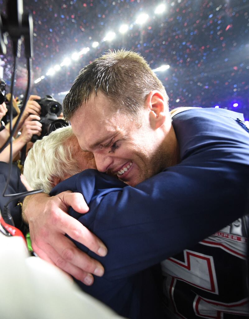 New England Patriots owner Robert Kraft and Tom Brady celebrate after defeating the Atlanta Falcons at the 2017 Super Bowl in Houston, Texas. AFP