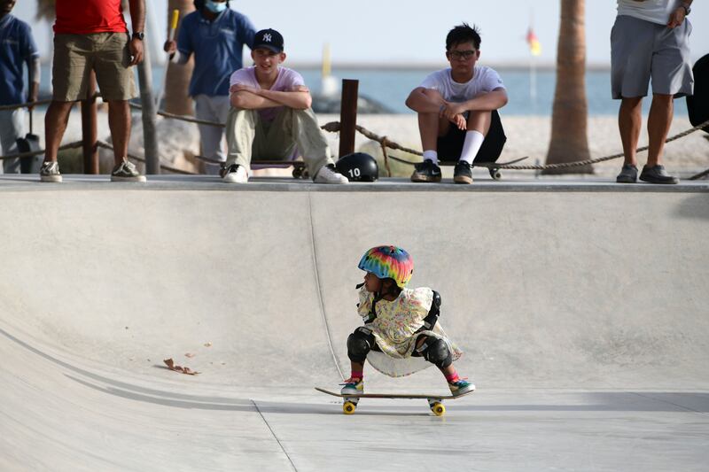 Zarah Annglady, 6, from Dubai on the mini ramp at Circuit X on Hudayriat Island. All photos: Khushnum Bhandari / The National 
