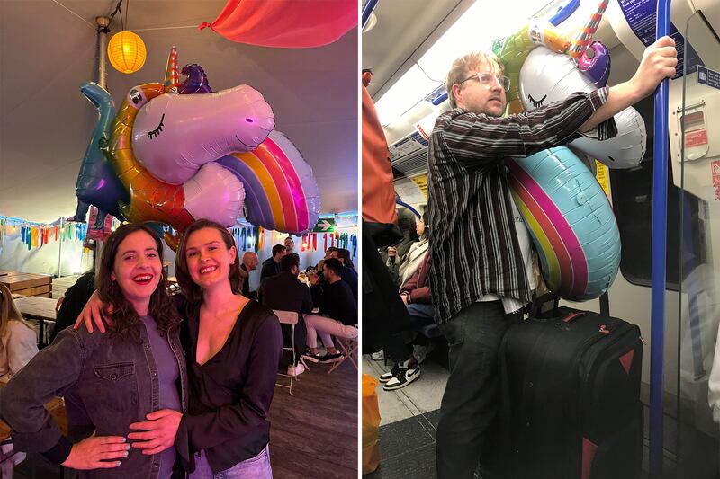 Charlotte Mayhew with a friend at her birthday party in London. Right: Charlotte's husband Bob with her birthday gifts and balloons from the party. Photo: Charlotte Mayhew