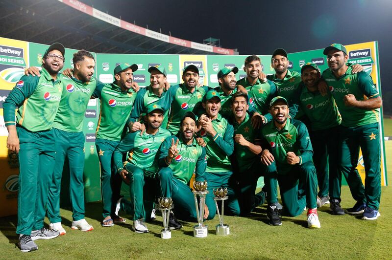 The Pakistan team pose for a photograph after winning the ODI series against South Africa at SuperSport Park in Centurion. AFP