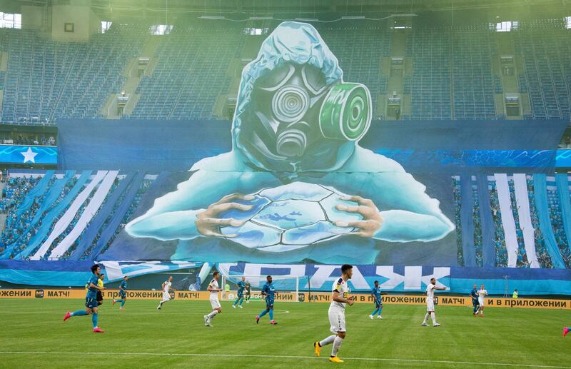 Zenit fans' Covid-19 tifo transforms into a football one during the Russian Premier League match against Krylia Sovetov Samara at the Gazprom Arena in St.Petersburg. Courtesy FC Zenit in English / @fczenit_en