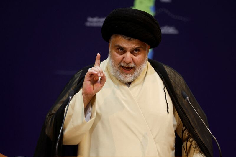 Iraqi Shiite leader Muqtada Al Sadr delivers a speech in Najaf, Iraq, October 19, 2023. Reuters