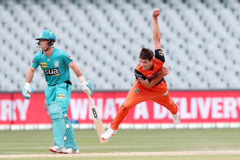 ADELAIDE, AUSTRALIA - JANUARY 26: Jhye Richardson of the Scorchers bowls during the Big Bash League match between the Brisbane Heat and Perth Scorchers at Adelaide Oval on January 26, 2021 in Adelaide, Australia. (Photo by Sarah Reed/Getty Images)