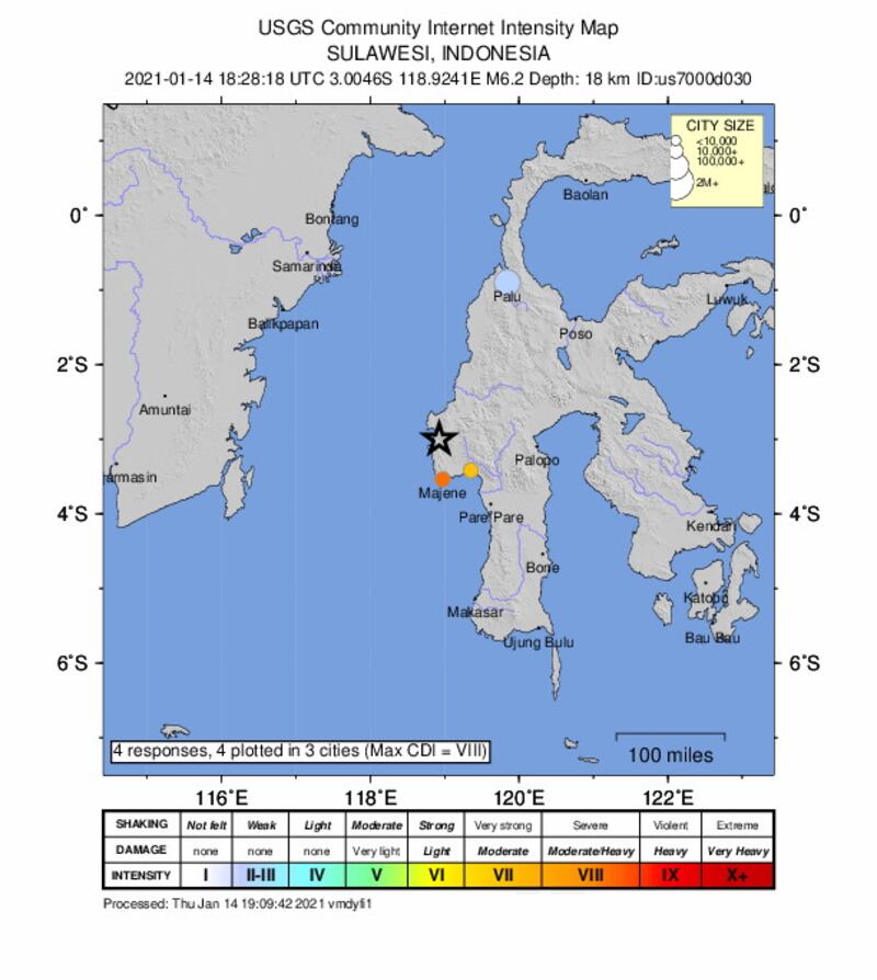 A shakemap made available by the United States Geological Survey (USGS) shows the location of a 6.2-magnitude earthquake in the island of Sulawesi, Indonesia. EPA