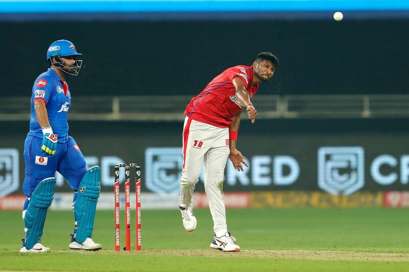 Gowtham Krishnappa  of Kings XI Punjab bowling during match 2 of season 13 of Dream 11 Indian Premier League (IPL) between Delhi Capitals and Kings XI Punjab held at the Dubai International Cricket Stadium, Dubai in the United Arab Emirates on the 20th September 2020.  Photo by: Saikat Das  / Sportzpics for BCCI