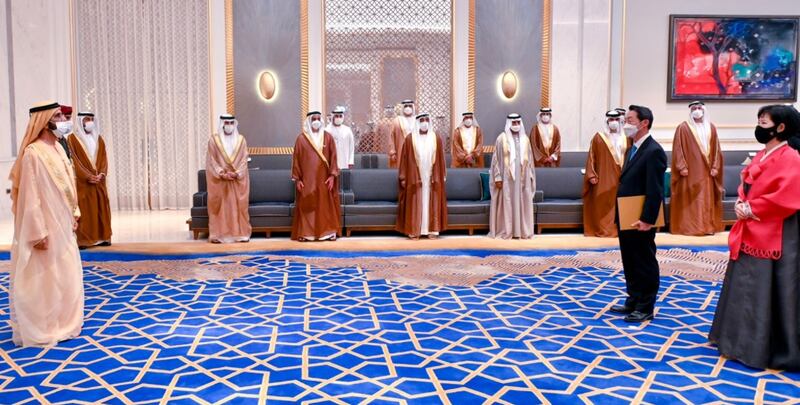 Sheikh Mohammed bin Rashid, Vice President and Ruler of Dubai, welcomed South Korea's new ambassador to the UAE Lee Seok-gu at an event held at Expo 2020 Dubai on Tuesday. Photo: Dubai Media Office