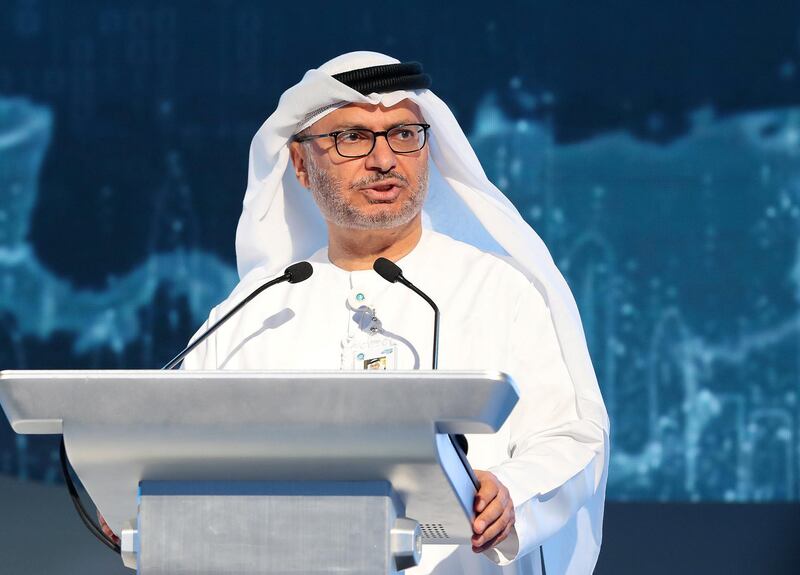 Abu Dhabi, United Arab Emirates - November 10, 2019: Dr Anwar Gargash, UAE Minister of State for Foreign Affairs speaks at the Abu Dhabi Strategic Debate. Sunday the 10th of November 2019. Emirates Palace, Abu Dhabi. Chris Whiteoak / The National