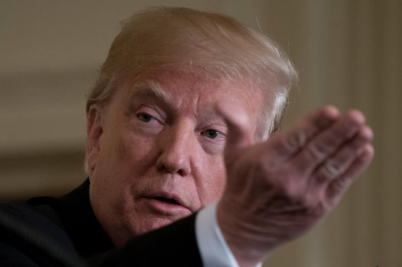 President Donald Trump speaks at a news conference with leaders of Baltic states in the East Room of the White House in Washington, Tuesday, April 3, 2018. Trump is pointing to a 50 percent job approval rating that may not fully comport with reality. (AP Photo/Andrew Harnik)