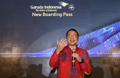 epa08046748 (FILE) - Indonesian national airline Garuda Indonesia's Chief Executive Officer (CEO) Ari Askhara speaks during a launch for a new boarding pass, in Jakarta, Indonesia, 02 October 2019 (issued 05 December 2019). Media reports state on 05 December 2019 that the CEO of the national airlines has been sacked for allegedly trying to smuggle a classic 1972 Harley-Davidson motorcycle on a Garuda A330-900neo flight into the country last month.  EPA/GAGAH JATMIKO