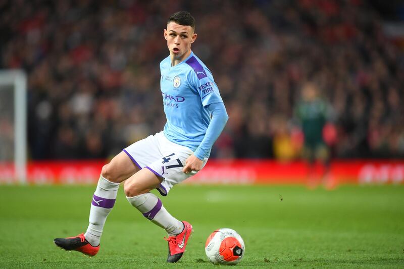 MANCHESTER, ENGLAND - MARCH 08: Phil Foden of Manchester City in action during the Premier League match between Manchester United and Manchester City at Old Trafford on March 08, 2020 in Manchester, United Kingdom. (Photo by Michael Regan/Getty Images)
