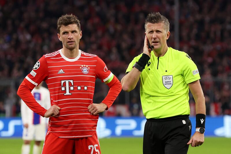 Referee Daniele Orsato after disallowing a Bayern goal when Thomas Muller was caught offside. Getty