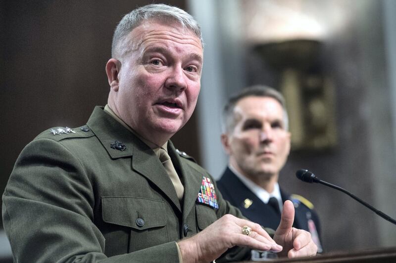 UNITED STATES - DECEMBER 4: Lt. Gen. Kenneth F. McKenzie, Jr., USMC, left, and Lt. Gen. Richard D. Clarke, U.S. Army, testify during their Senate Armed Services Committee confirmation hearing in Dirksen Building on December 4, 2018. McKenzie is nominated to serve as General and Commander, U.S. Central Command, and Clarke is nominated to serve as General and Commander, U.S. Special Operations Command. (Photo By Tom Williams/CQ Roll Call)