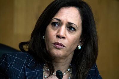 In this June 25, 2020, photo, Sen. Kamala Harris, D-Calif., attends a Senate Homeland Security and Governmental Affairs Committee hearing on Capitol Hill in Washington. Seven months after ending her presidential bid,  Harris is at another crossroads moment in her political career.  (Tom Williams/Pool via AP)