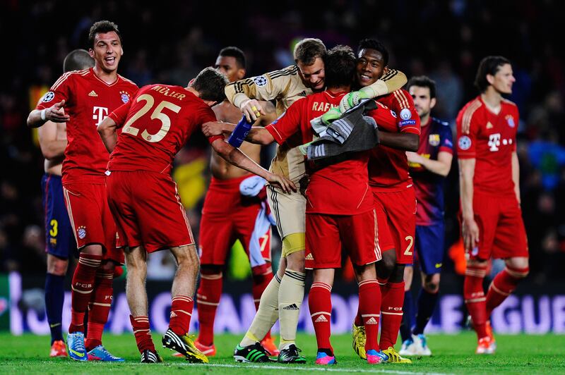 BARCELONA, SPAIN - MAY 01:  The Bayern Munich team celebrate following their victory during the UEFA Champions League semi final second leg match between Barcelona and FC Bayern Muenchen at Nou Camp on May 1, 2013 in Barcelona, Spain.  (Photo by David Ramos/Getty Images) *** Local Caption ***  167856938.jpg
