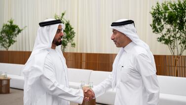Sheikh Saif bin Zayed, Deputy Prime Minister and Minister of Interior, receives a mourner on the death of Sheikh Dr Hazza bin Sultan bin Zayed, at Al Mushrif Palace. Hamad Al Kaabi / UAE Presidential Court