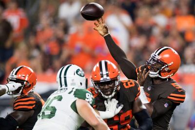 Sep 20, 2018; Cleveland, OH, USA; Cleveland Browns quarterback Tyrod Taylor (5) throws a pass during the first quarter against the New York Jets at FirstEnergy Stadium. Mandatory Credit: Ken Blaze-USA TODAY Sports