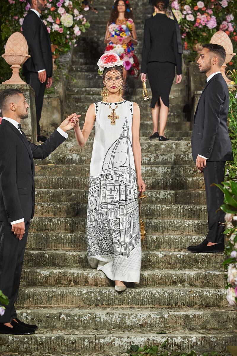 A look from Dolce & Gabbana’s latest Alta Moda collection, which was presented in Florence’s Villa Bardini. Courtesy Dolce & Gabbana