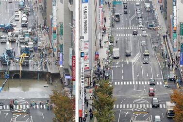 The sinkhole just after it happened, left, and now that it is fixed, lright. AFP

 