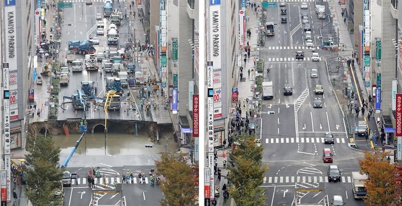 The sinkhole just after it happened, left, and now that it is fixed, lright. AFP

 